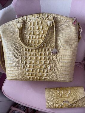 Brahmin Lemon Yellow Croc-Embossed Leather Tote with Wallet
